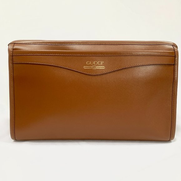 Gucci Metallic Print Logo Smooth Leather Clutch in Brown NEW IN BOX WITH DUSTBAG - Picture 1 of 11
